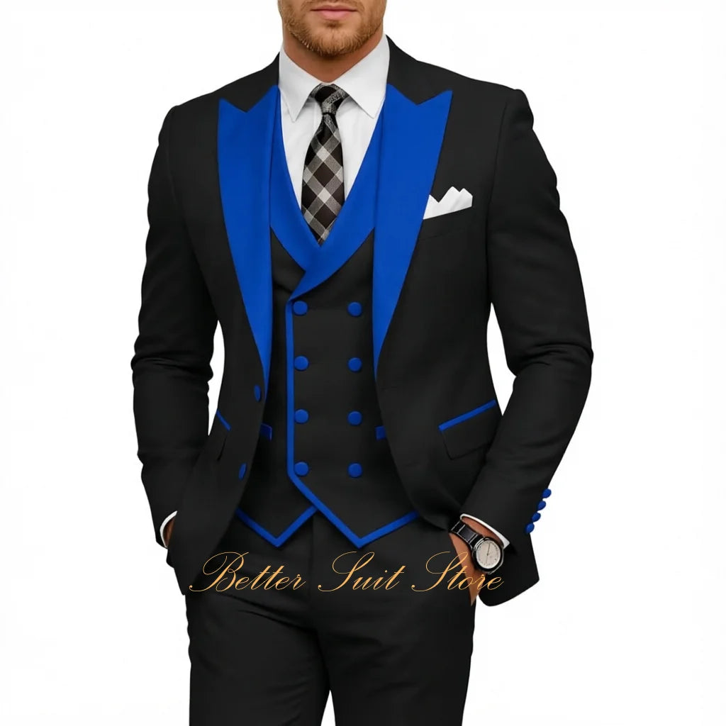 Fashion Men's Tuxedo 3 Piece Slim Fit Peak Lapel Jacket Vest Pants Set Formal Suits for Men Wedding Prom Dinner Men Suits