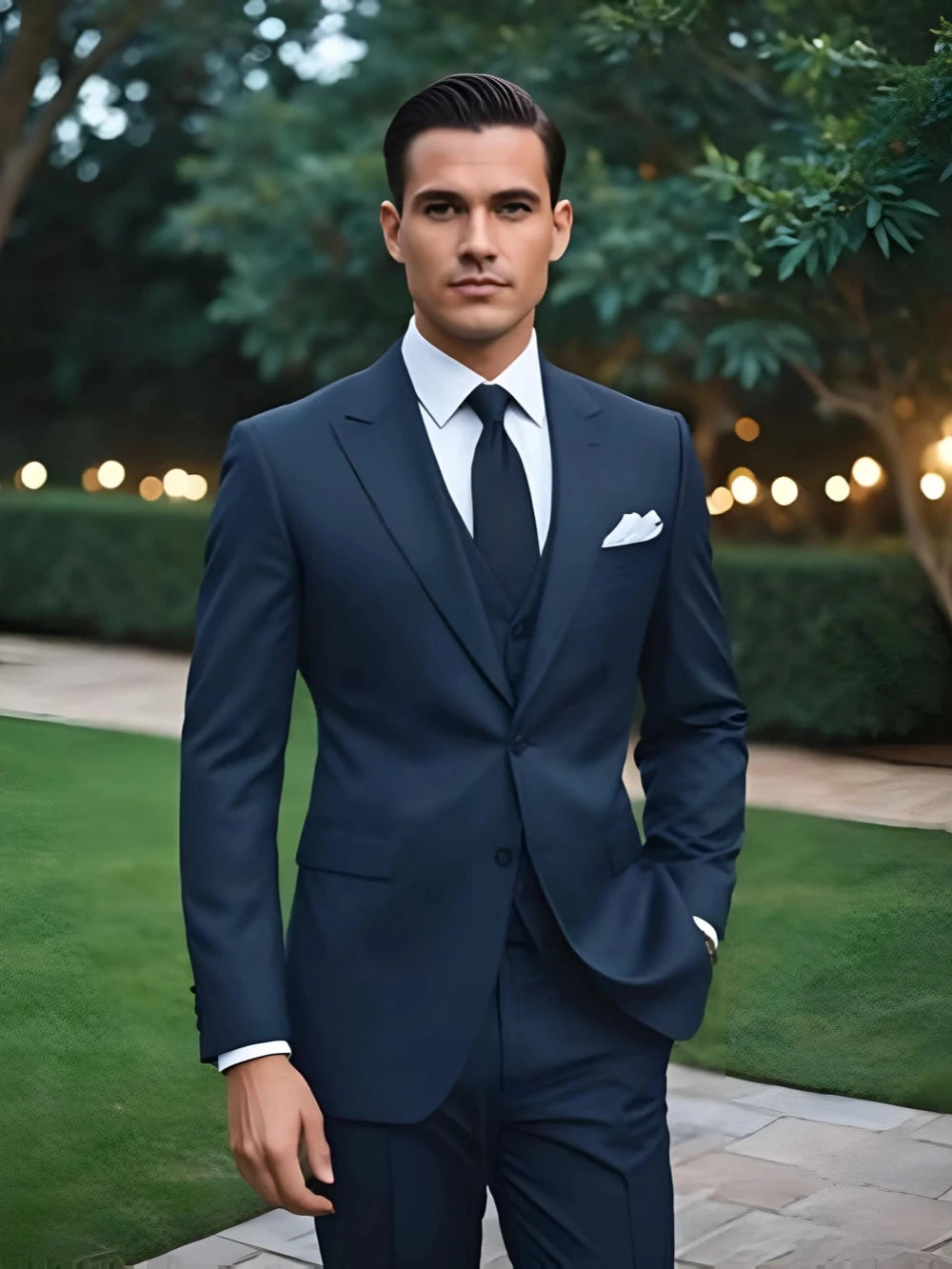 Classic Formal Men's Business Tuxedo 3 Pieces Blazer Vest Pants Classy Blue Suit Set For Men Wedding Party Guest Outfit