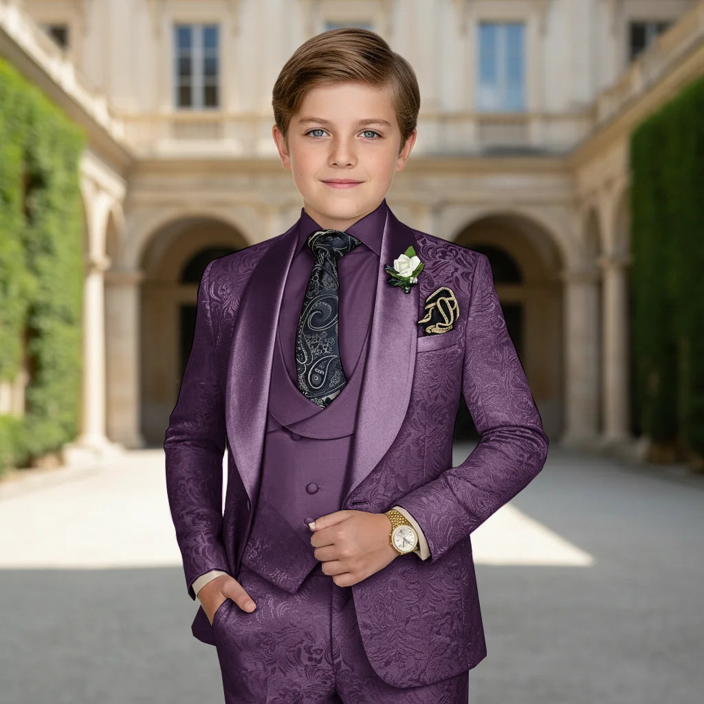 Elegant Boys Wedding Suits Italian Design Champagne Smoking Kids Tuxedo Jacket Vest Pants 3 Piece Party Prom Suits Set For Boy