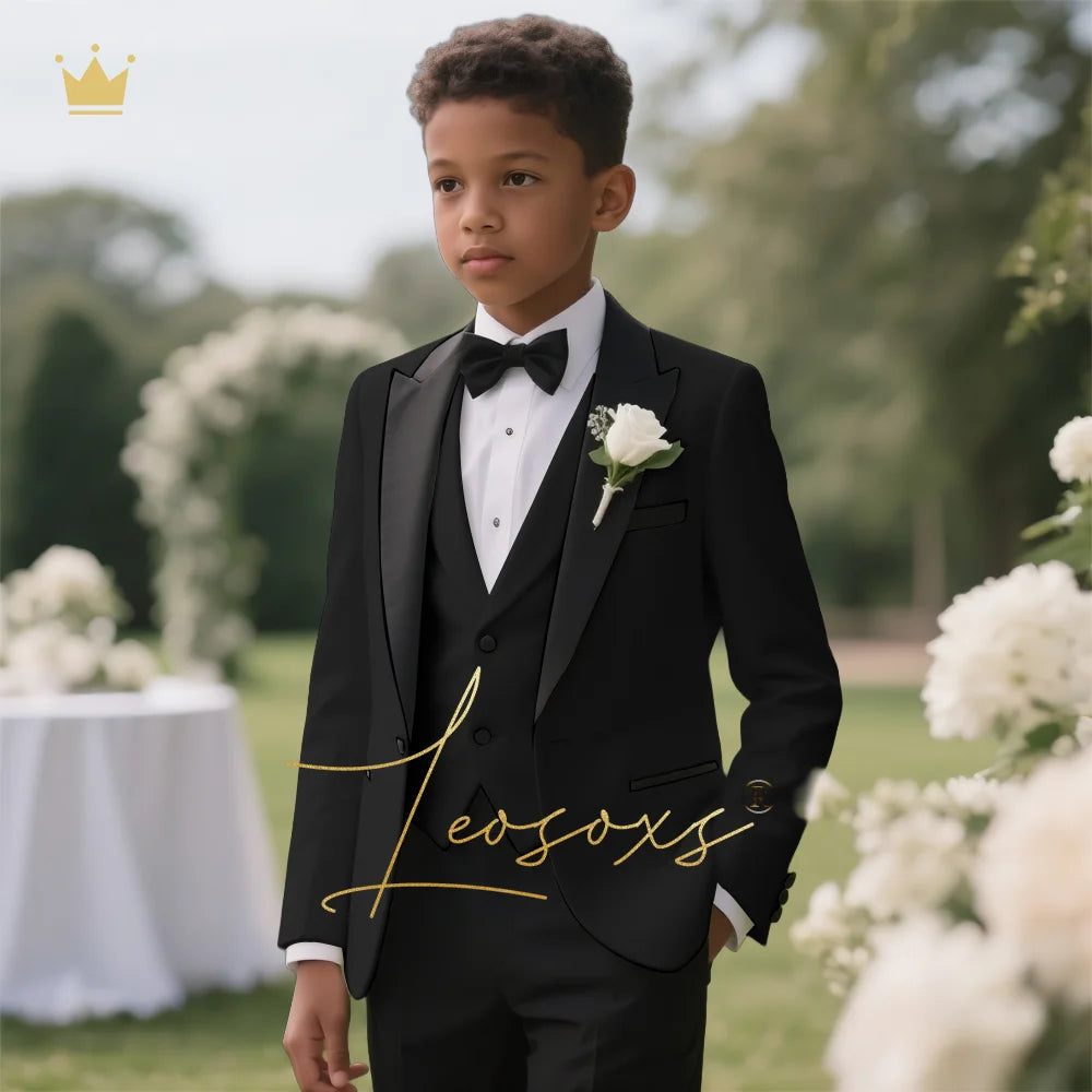 Boys' 3-Piece Tuxedo Suit Custom Tailored for Weddings - Elegant Design with Lapel and Vest, Perfect for Ceremony and Reception