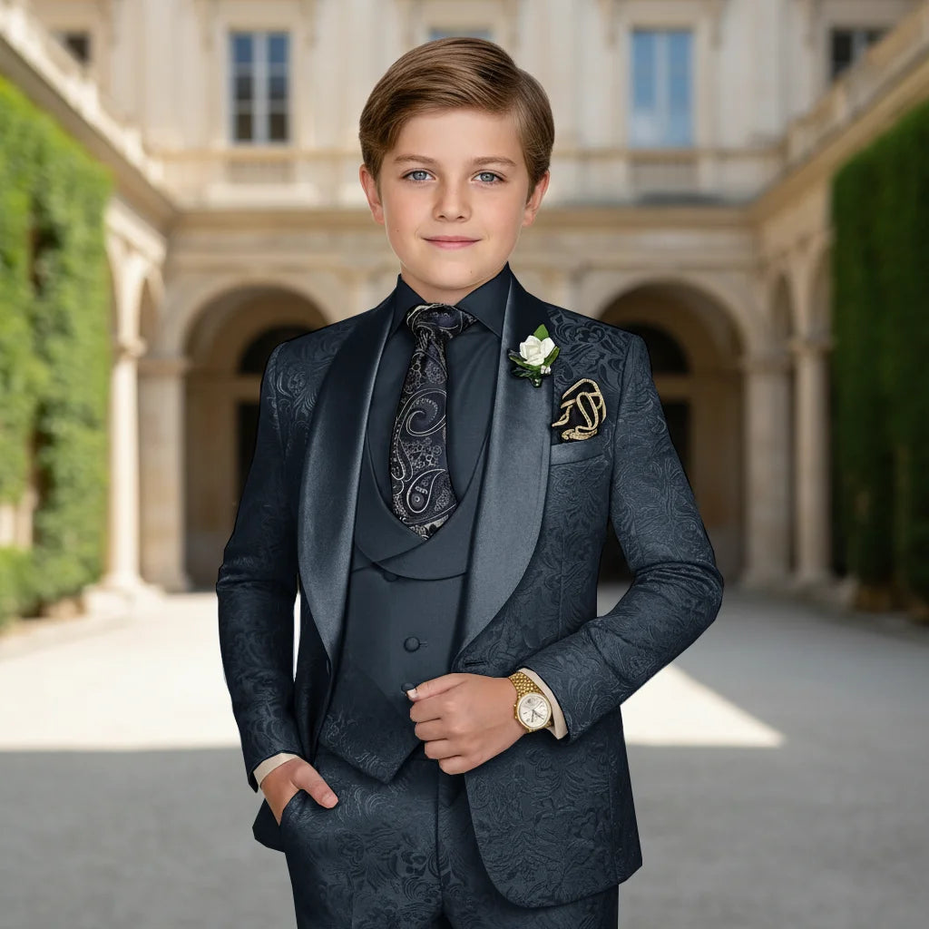 Elegant Boys Wedding Suits Italian Design Champagne Smoking Kids Tuxedo Jacket Vest Pants 3 Piece Party Prom Suits Set For Boy