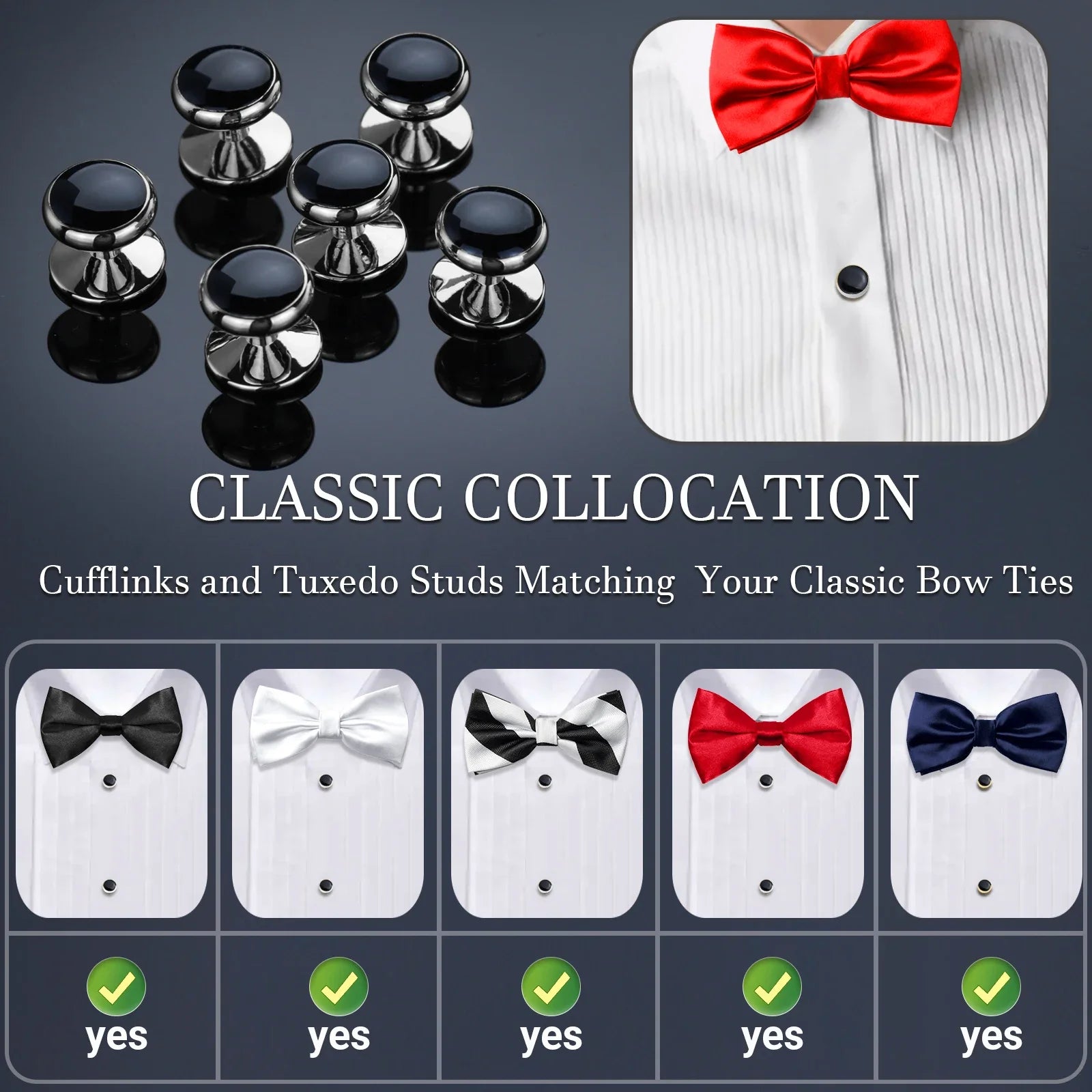 Classic design black bow tie and cufflinks and Studs set, men's silk tuxedo bow tie,for Father's Day,Anniversary and Bussiness.