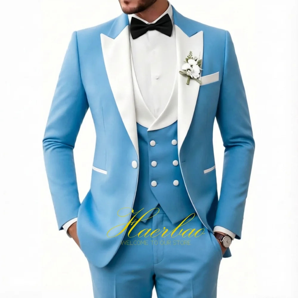 Wedding Tuxedo for Men 3 Piece Suits Slim Fit Double-Breasted Prom Men Tuxedos Satin Peaked Lapel Men's Suits