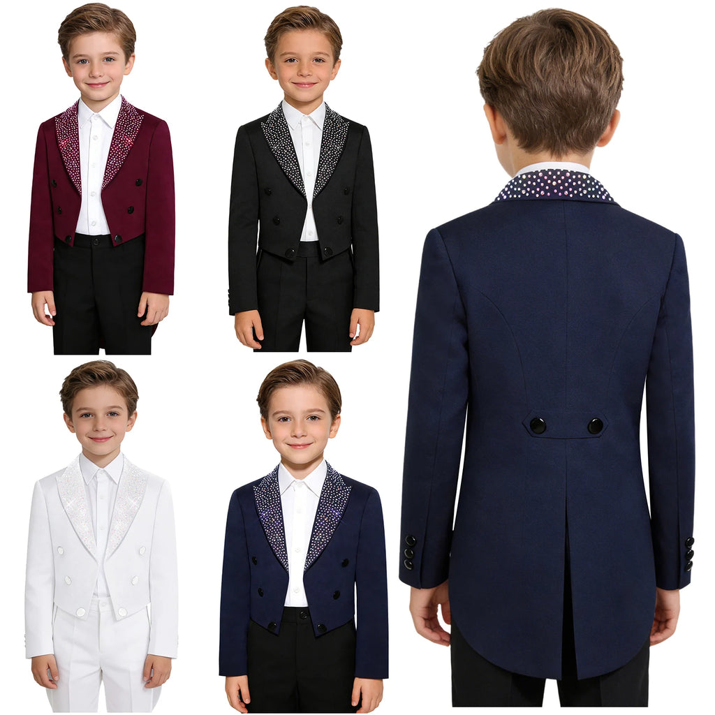 Elegant Boys Tuxedo Tailcoat Lapel Rhinestone Long Sleeve Open Front Blazer Outerwear Jacket Gentleman Formal Party Wedding Suit