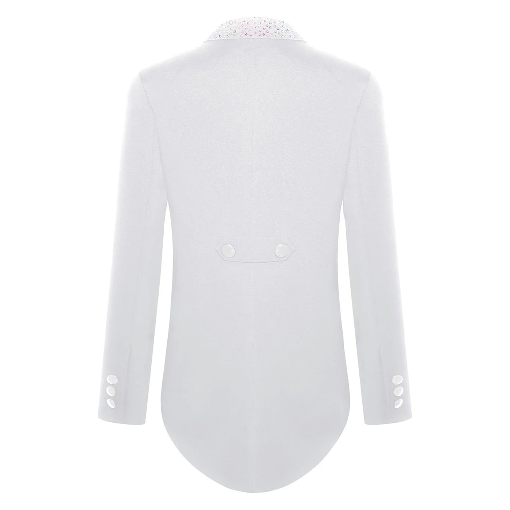 Elegant Boys Tuxedo Tailcoat Lapel Rhinestone Long Sleeve Open Front Blazer Outerwear Jacket Gentleman Formal Party Wedding Suit