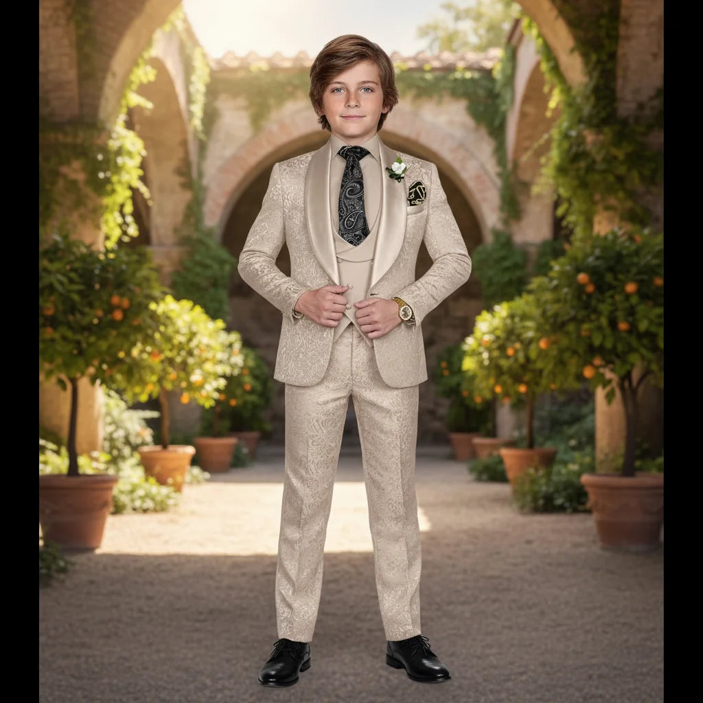 Elegant Boys Wedding Suits Italian Design Champagne Smoking Kids Tuxedo Jacket Vest Pants 3 Piece Party Prom Suits Set For Boy