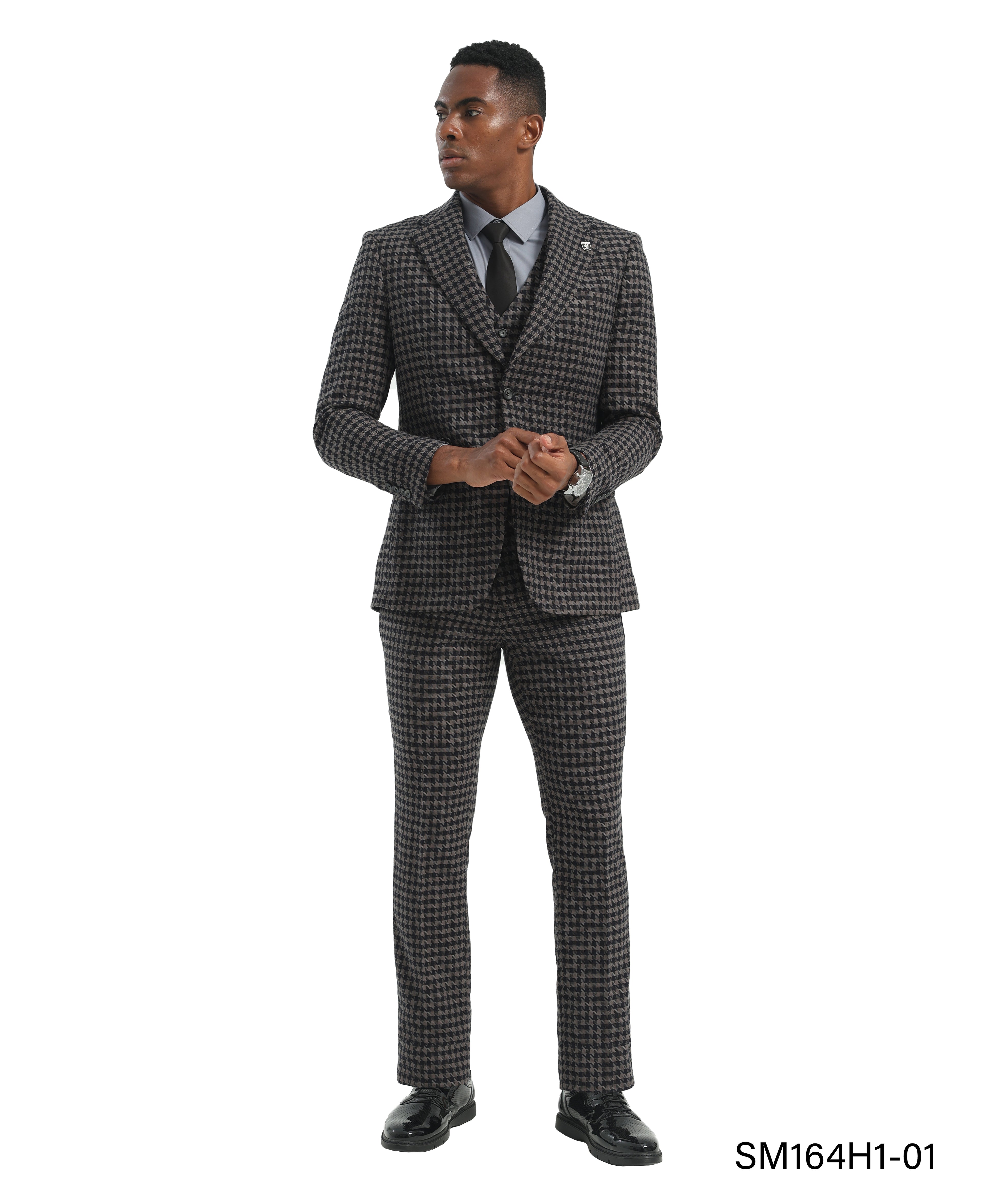 Black/Grey Hybrid Fit 3pc Houndstooth Suits