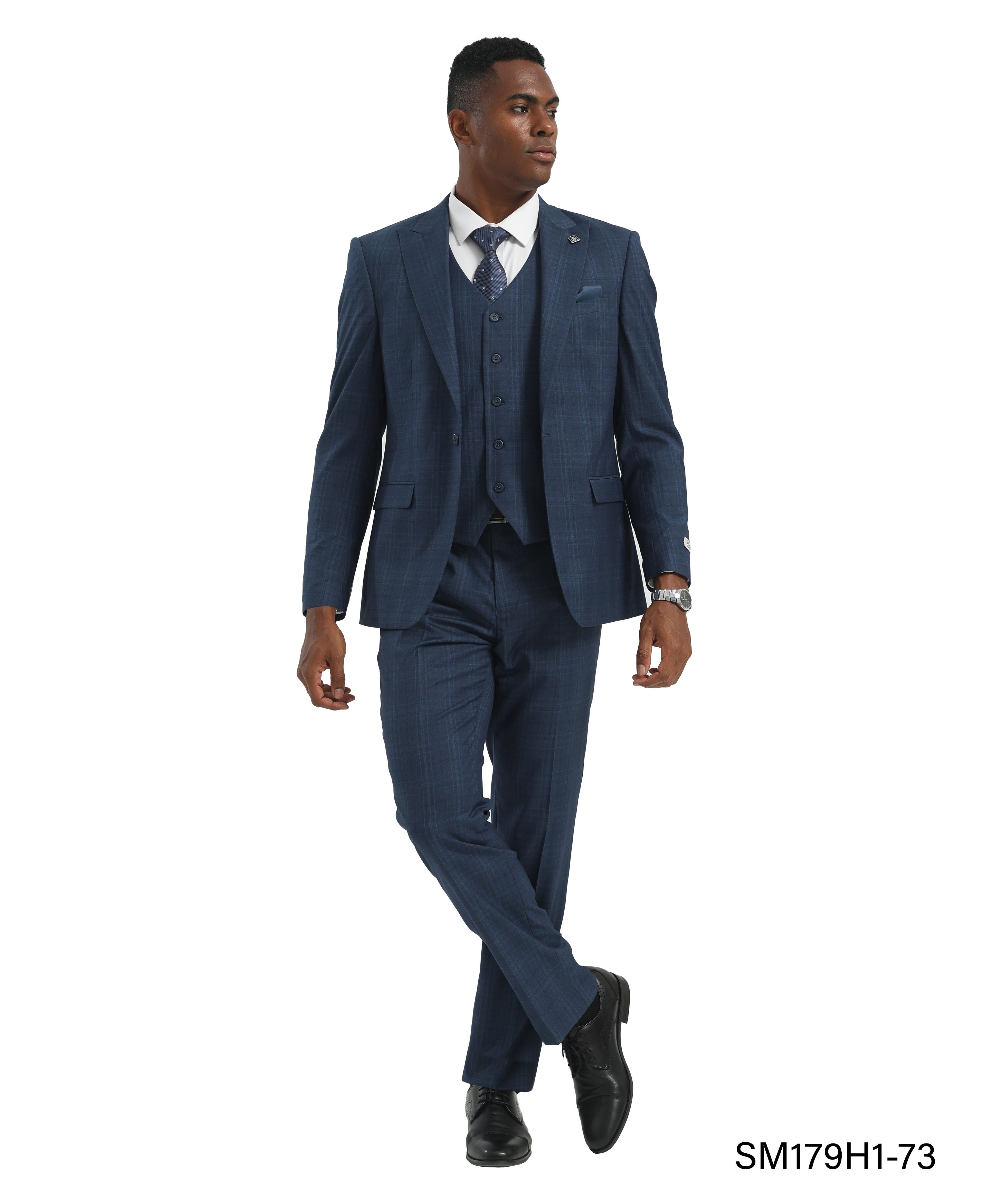 Navy Blue/Blue Hybrid Fit 3pc WIndowpane Suits