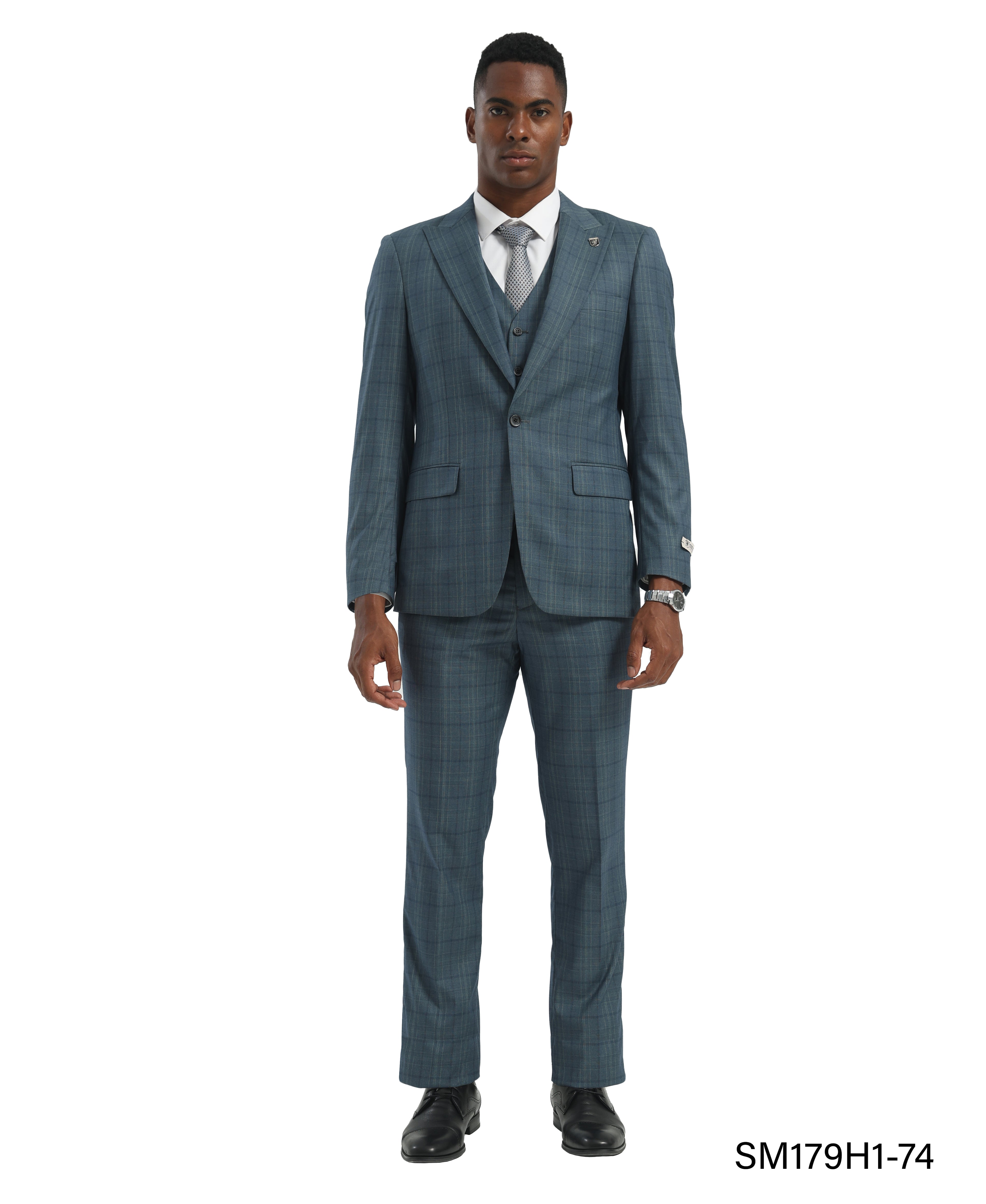 Navy Blue/Blue Hybrid Fit 3pc WIndowpane Suits