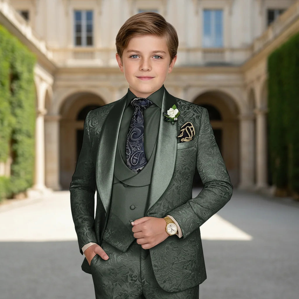 Elegant Boys Wedding Suits Italian Design Champagne Smoking Kids Tuxedo Jacket Vest Pants 3 Piece Party Prom Suits Set For Boy