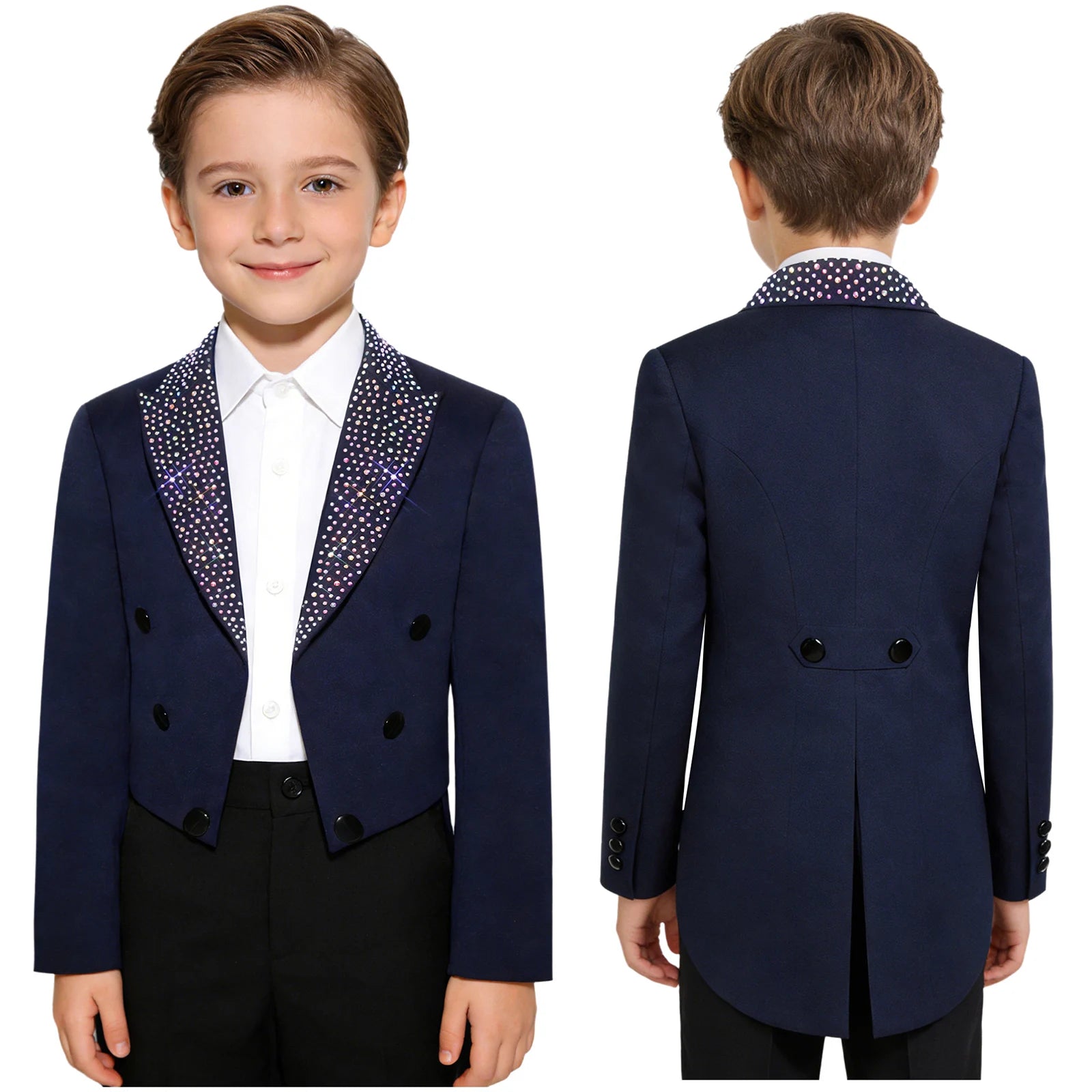 Elegant Boys Tuxedo Tailcoat Lapel Rhinestone Long Sleeve Open Front Blazer Outerwear Jacket Gentleman Formal Party Wedding Suit