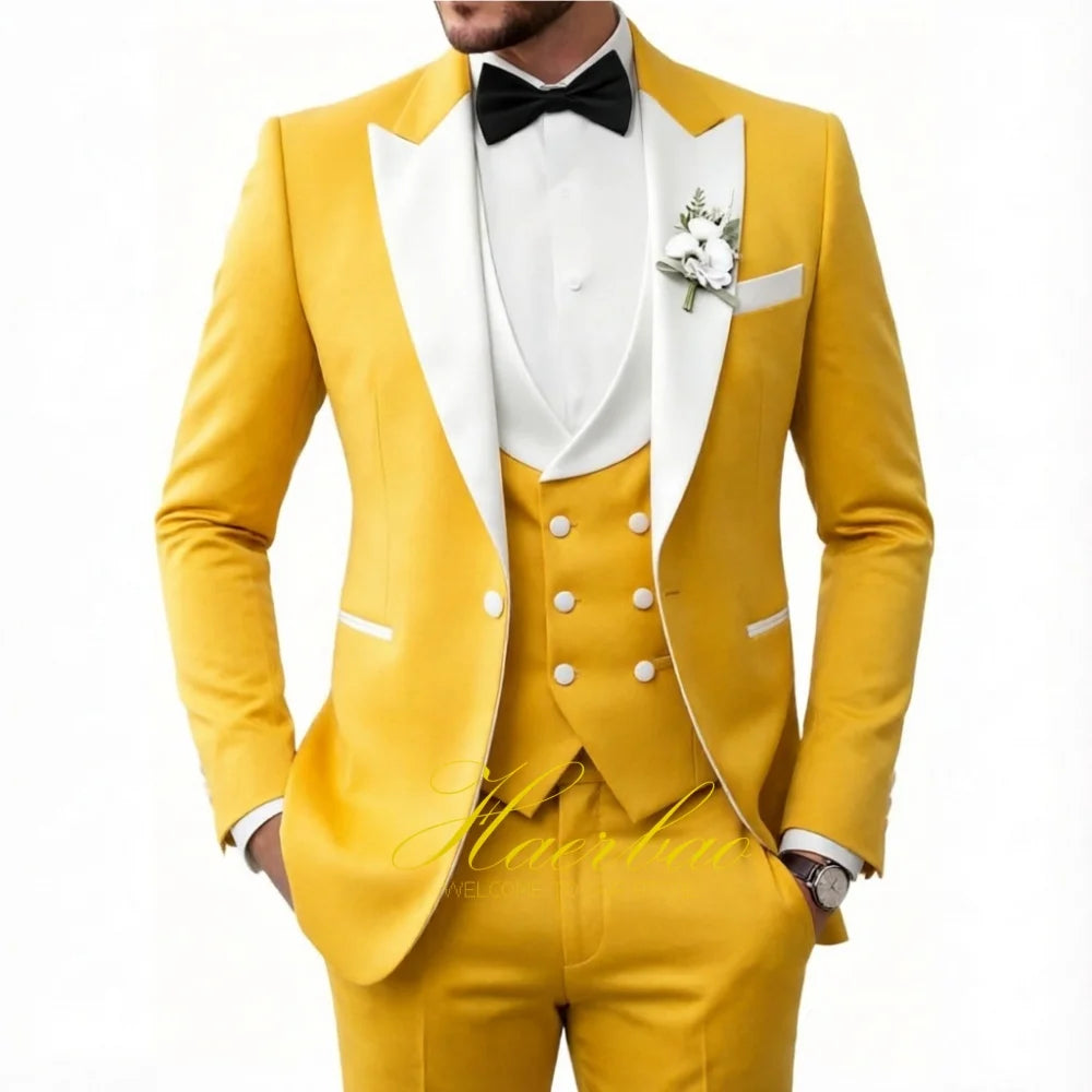 Wedding Tuxedo for Men 3 Piece Suits Slim Fit Double-Breasted Prom Men Tuxedos Satin Peaked Lapel Men's Suits