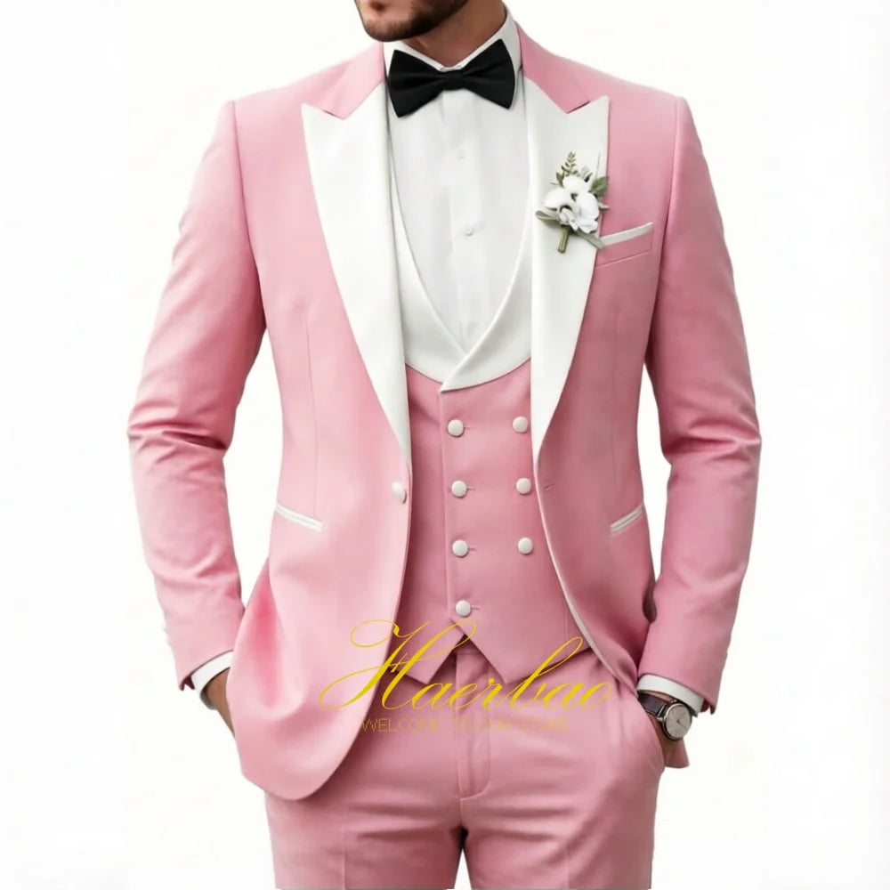 Wedding Tuxedo for Men 3 Piece Suits Slim Fit Double-Breasted Prom Men Tuxedos Satin Peaked Lapel Men's Suits