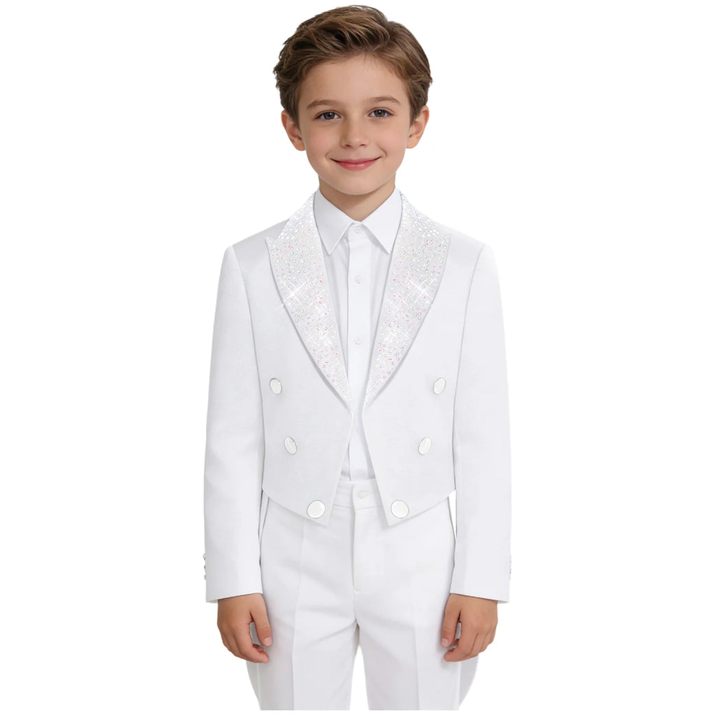 Elegant Boys Tuxedo Tailcoat Lapel Rhinestone Long Sleeve Open Front Blazer Outerwear Jacket Gentleman Formal Party Wedding Suit