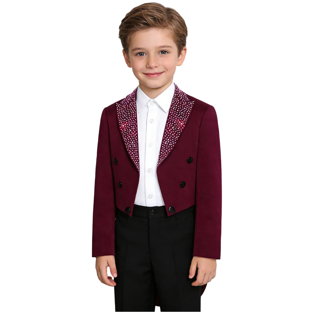 Elegant Boys Tuxedo Tailcoat Lapel Rhinestone Long Sleeve Open Front Blazer Outerwear Jacket Gentleman Formal Party Wedding Suit