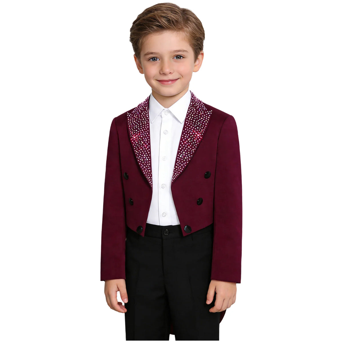 Elegant Boys Tuxedo Tailcoat Lapel Rhinestone Long Sleeve Open Front Blazer Outerwear Jacket Gentleman Formal Party Wedding Suit