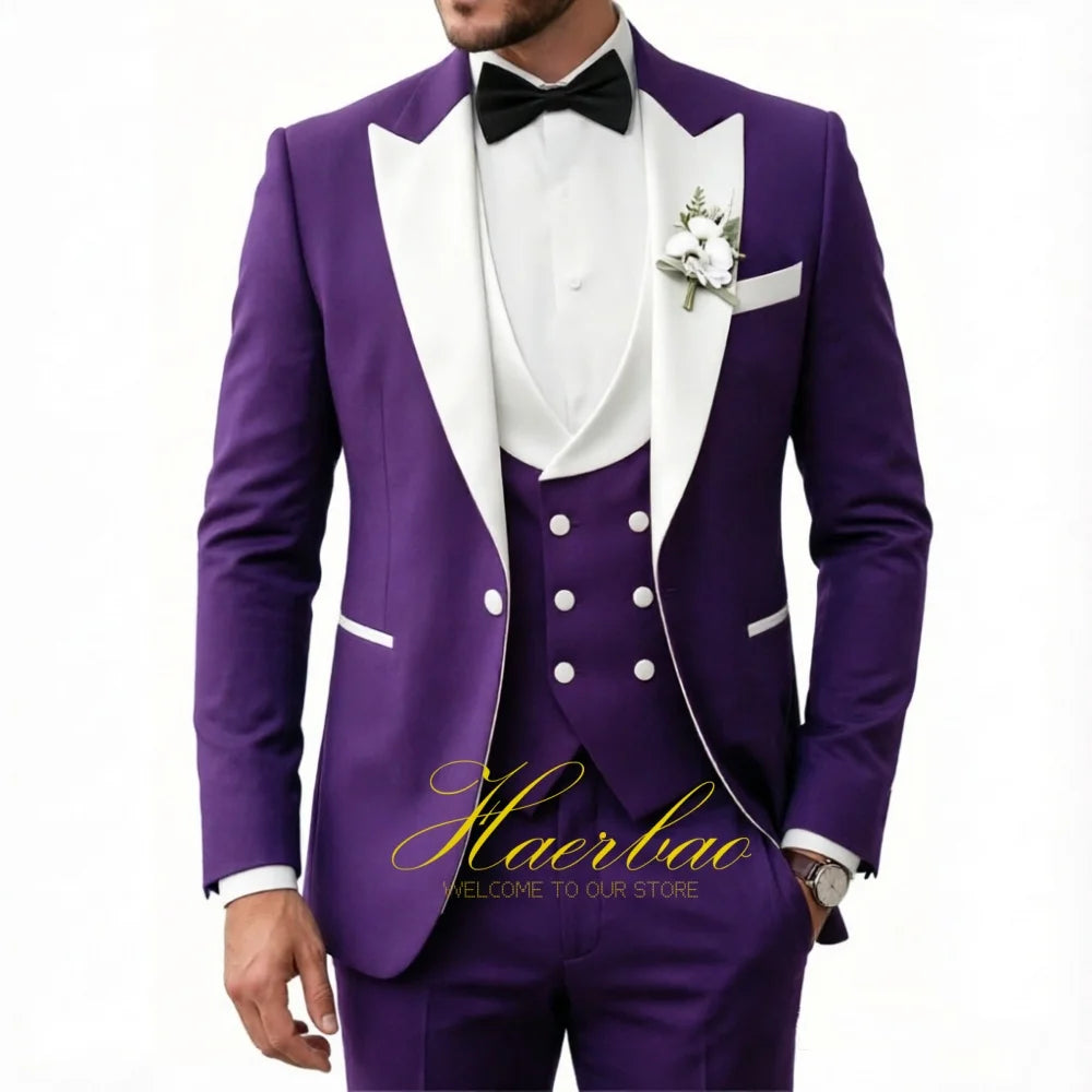 Wedding Tuxedo for Men 3 Piece Suits Slim Fit Double-Breasted Prom Men Tuxedos Satin Peaked Lapel Men's Suits