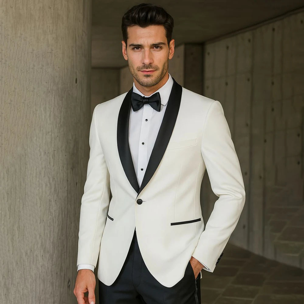 Classic White Men's Tuxedo Suit Black Satin Shawl Lapel 2 Piece Jacket+Pants Slim Fit Prom Wedding Formal Gentlemen Costume