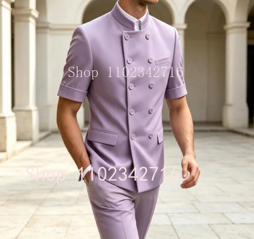 Latest Design 2 Pieces Tuxedo Wedding Suits for Men Short Sleeves Bespoke Groom Formal Fashion Male Suit Prom Party Blazer+Pants