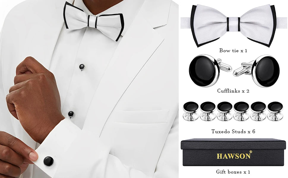 Classic design black bow tie and cufflinks and Studs set, men's silk tuxedo bow tie,for Father's Day,Anniversary and Bussiness.