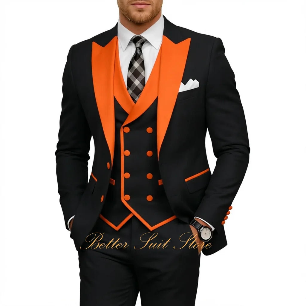 Fashion Men's Tuxedo 3 Piece Slim Fit Peak Lapel Jacket Vest Pants Set Formal Suits for Men Wedding Prom Dinner Men Suits