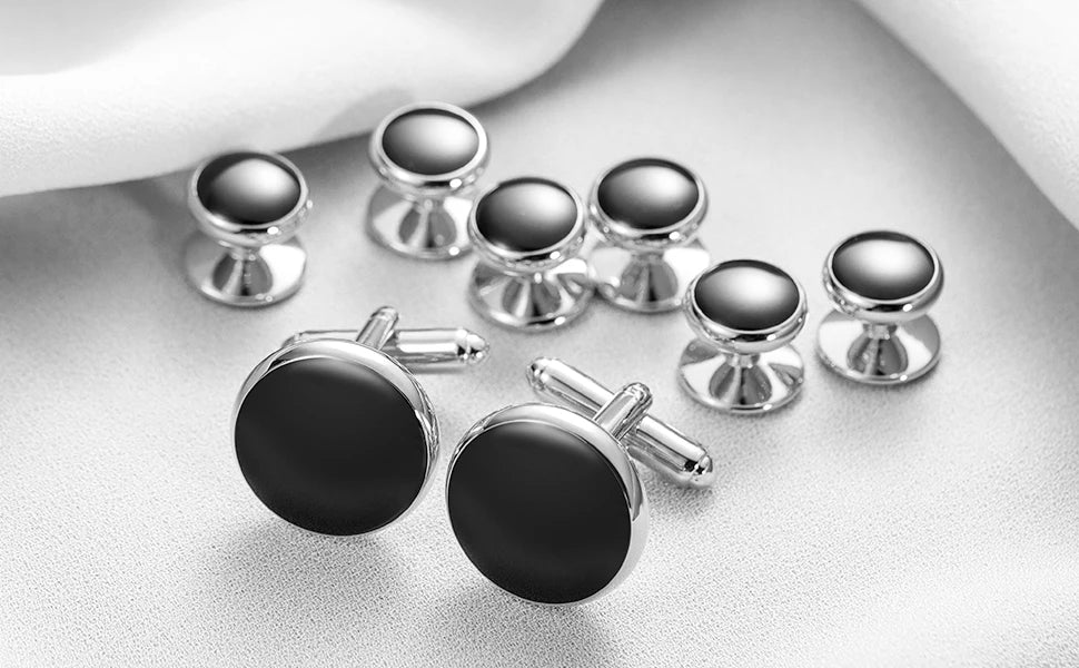 Classic design black bow tie and cufflinks and Studs set, men's silk tuxedo bow tie,for Father's Day,Anniversary and Bussiness.