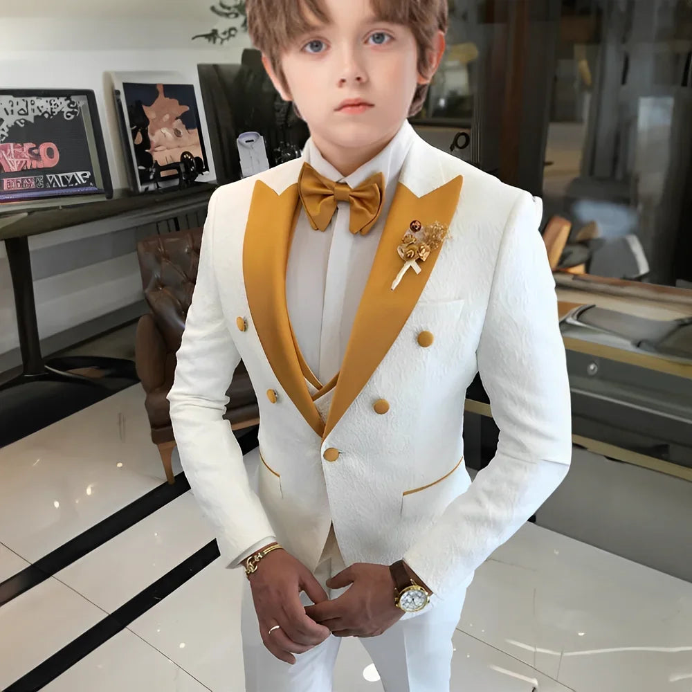 White Floral Wedding Tuxedo for Boys 3 Pieces Jacquard Suits Double Breasted Kids Tuxedo 2025 Fashion Design Jacket Pants Vest