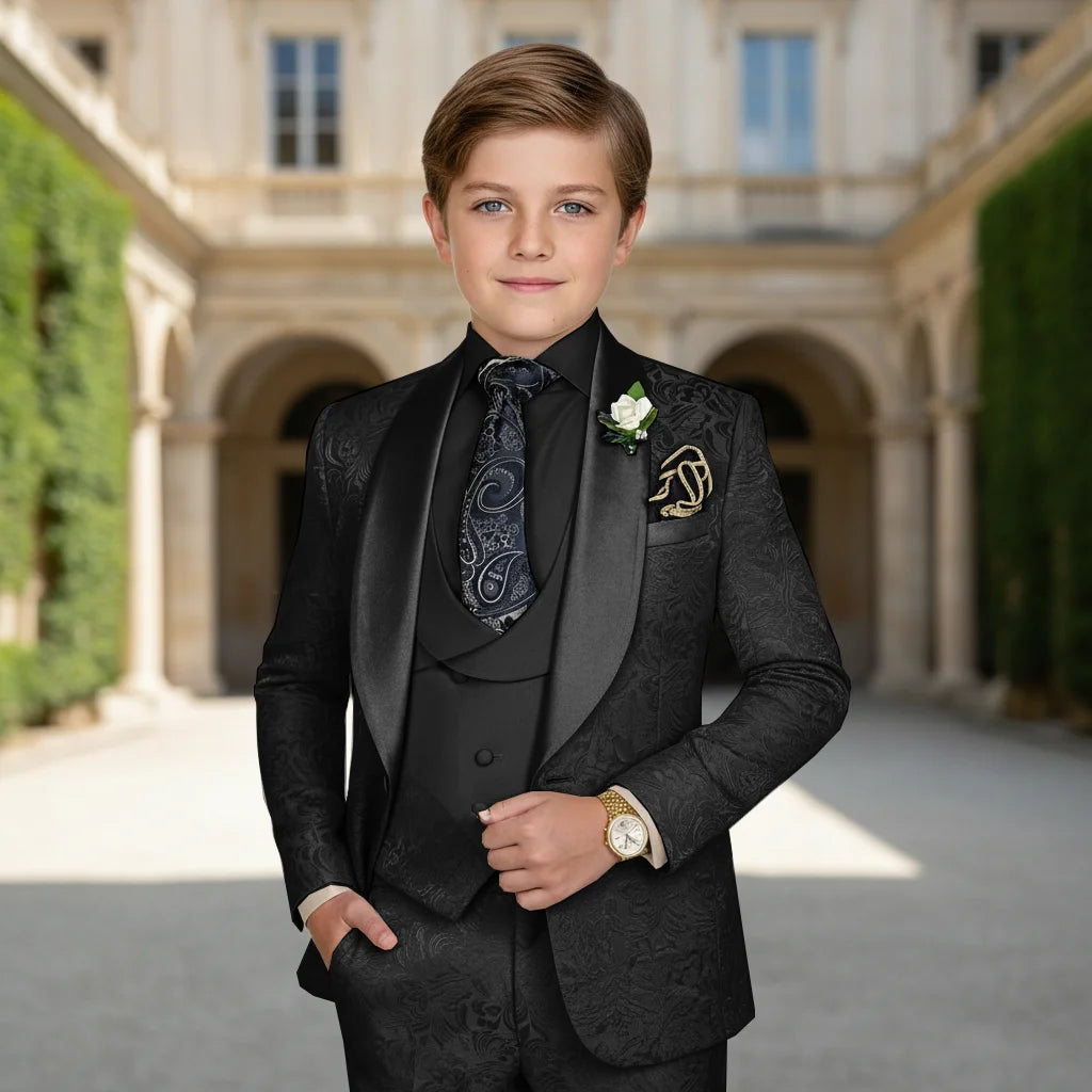 Elegant Boys Wedding Suits Italian Design Champagne Smoking Kids Tuxedo Jacket Vest Pants 3 Piece Party Prom Suits Set For Boy