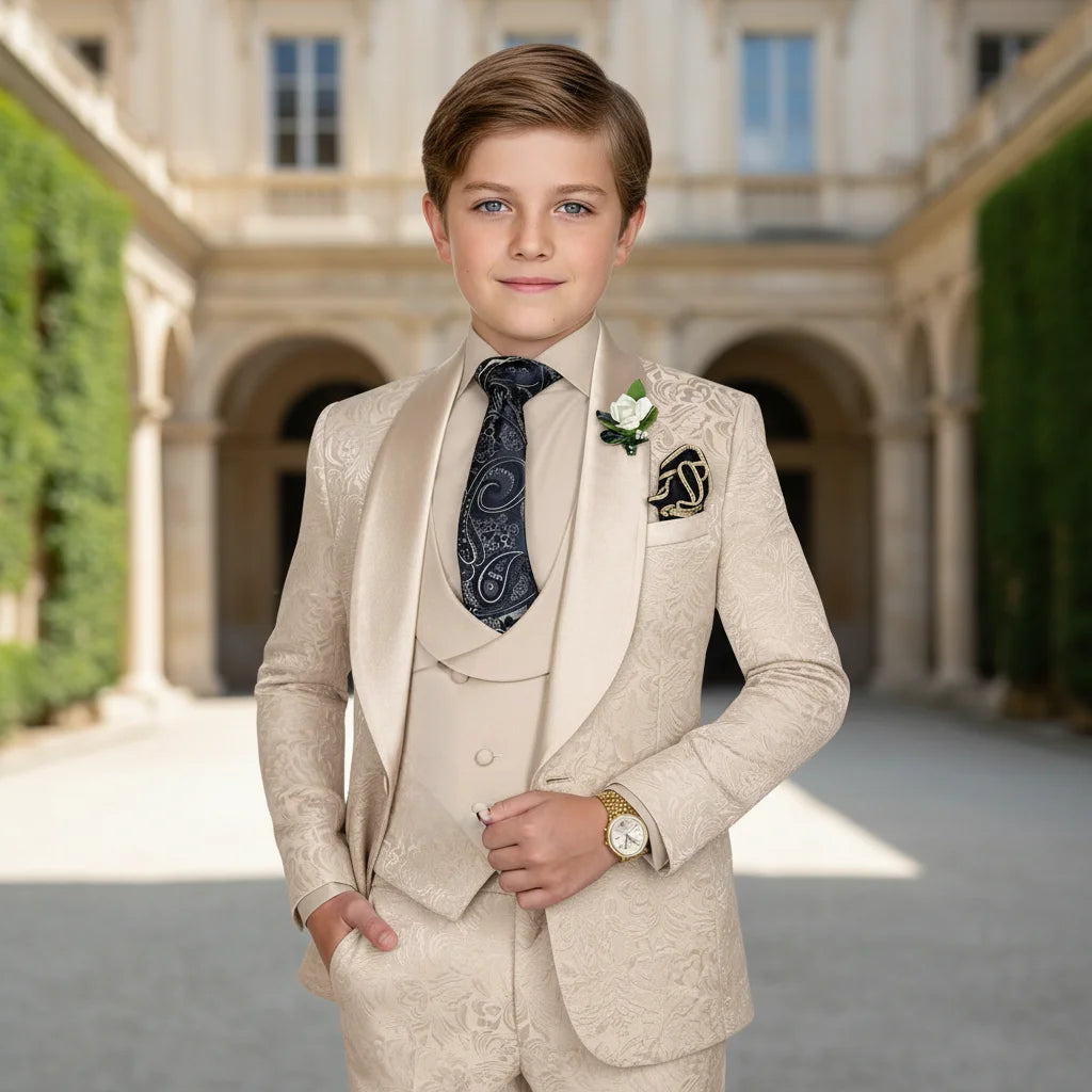 Elegant Boys Wedding Suits Italian Design Champagne Smoking Kids Tuxedo Jacket Vest Pants 3 Piece Party Prom Suits Set For Boy