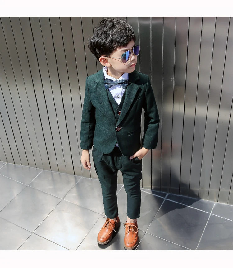 Boys Dark Green Formal Wedding Party Suit Children Blazer Vest Pants Tie 4 PCS Tuxedo Kids Performance Photography Dress Costume