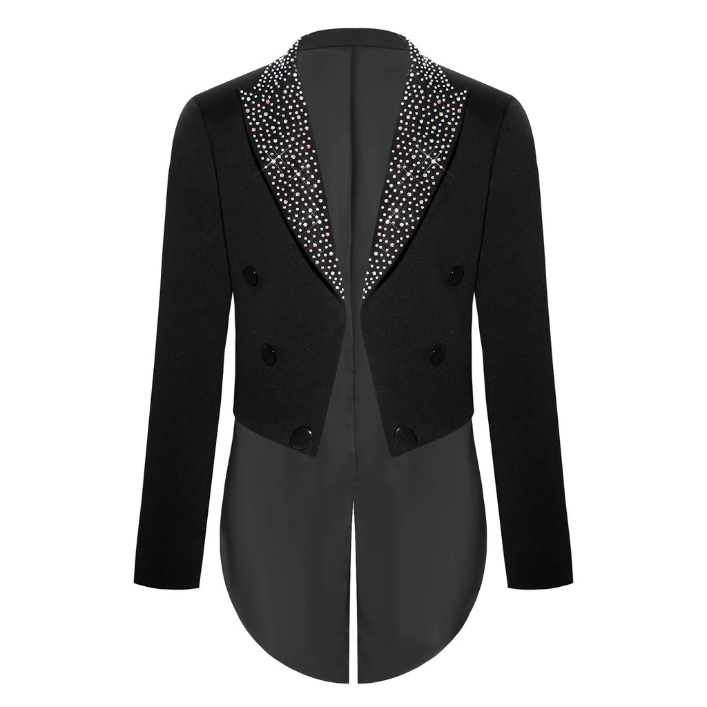 Elegant Boys Tuxedo Tailcoat Lapel Rhinestone Long Sleeve Open Front Blazer Outerwear Jacket Gentleman Formal Party Wedding Suit
