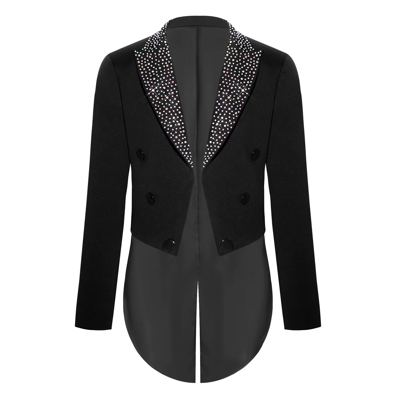 Elegant Boys Tuxedo Tailcoat Lapel Rhinestone Long Sleeve Open Front Blazer Outerwear Jacket Gentleman Formal Party Wedding Suit