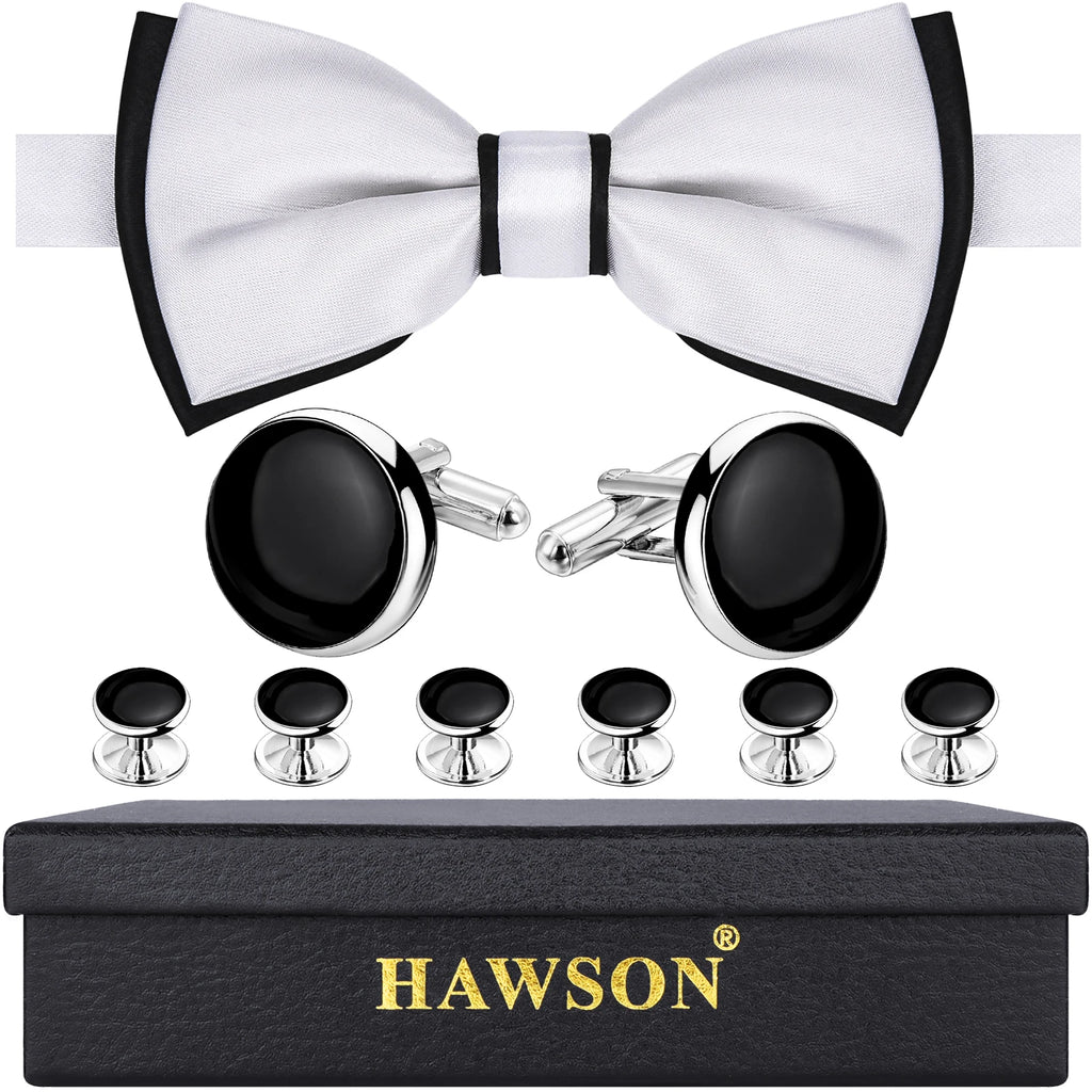 Classic design black bow tie and cufflinks and Studs set, men's silk tuxedo bow tie,for Father's Day,Anniversary and Bussiness.