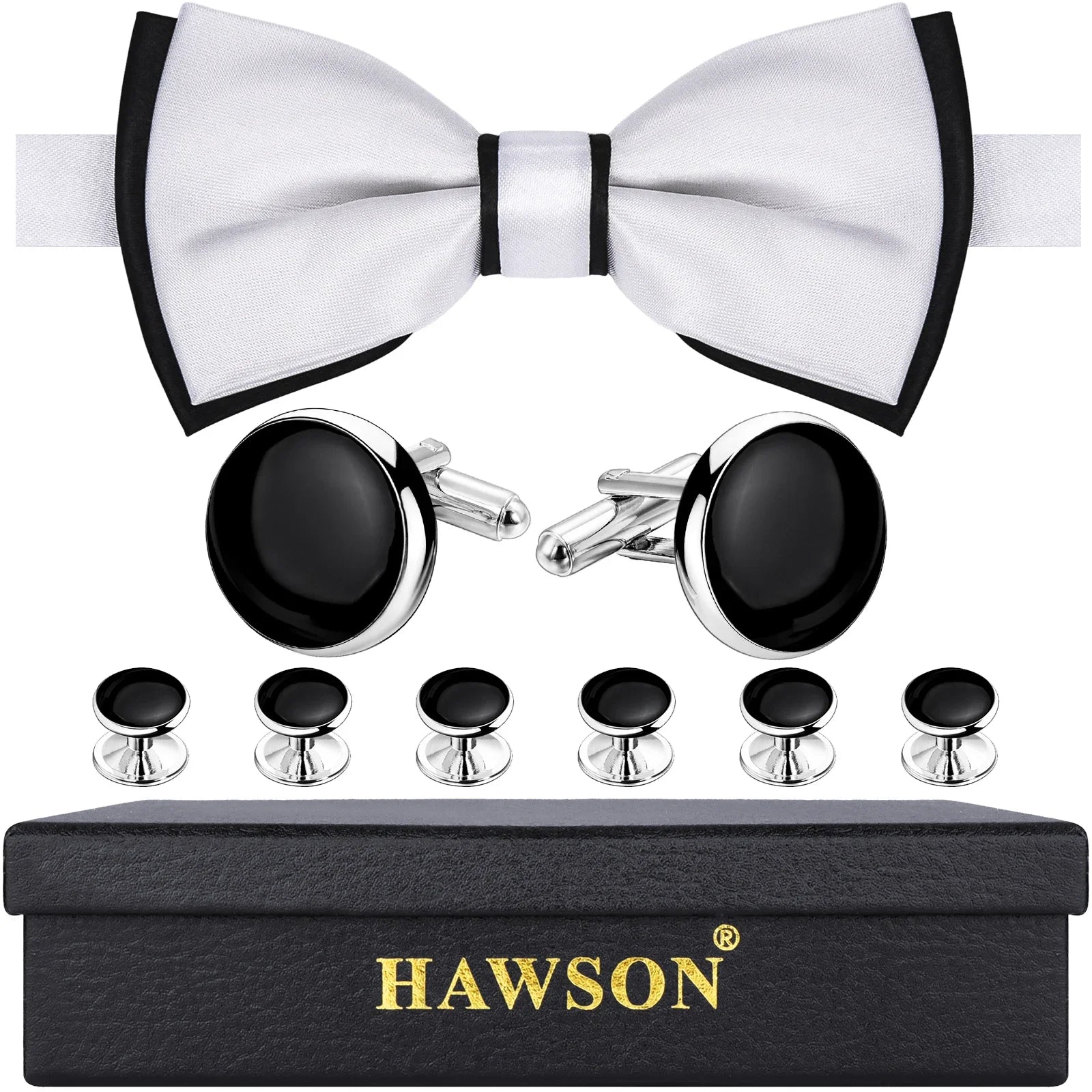Classic design black bow tie and cufflinks and Studs set, men's silk tuxedo bow tie,for Father's Day,Anniversary and Bussiness.