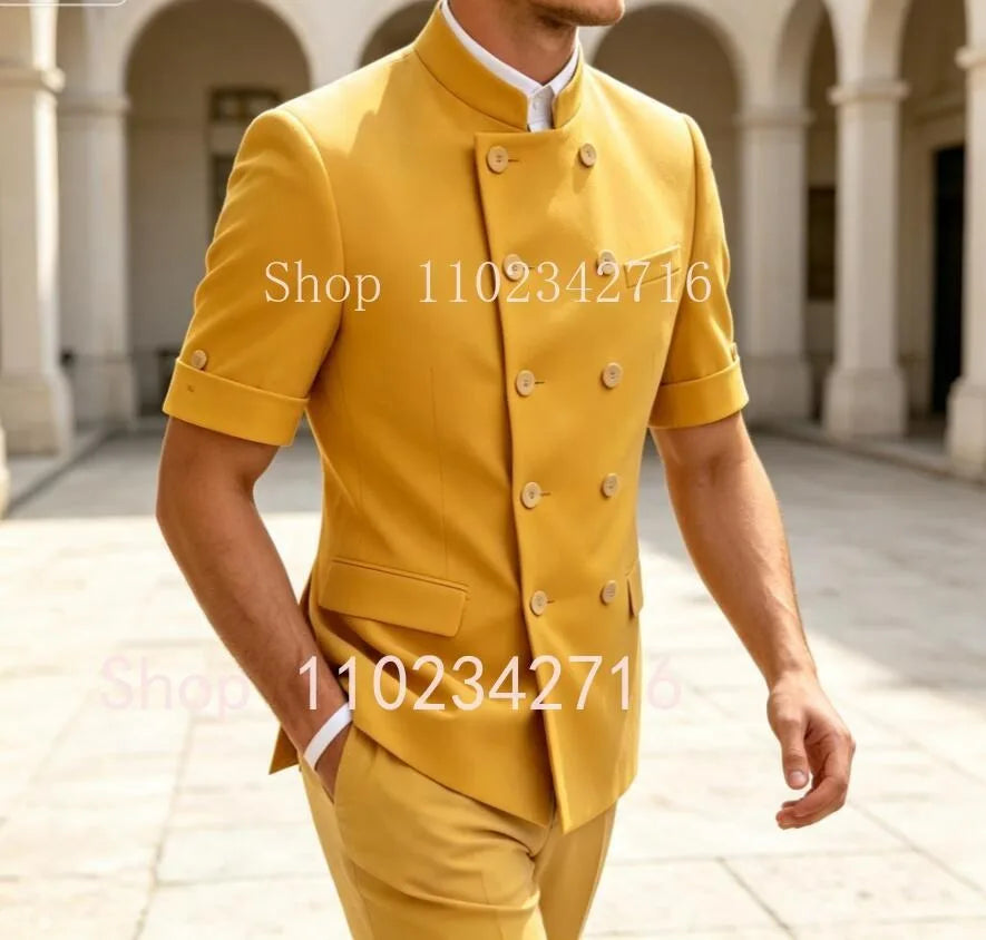 Latest Design 2 Pieces Tuxedo Wedding Suits for Men Short Sleeves Bespoke Groom Formal Fashion Male Suit Prom Party Blazer+Pants