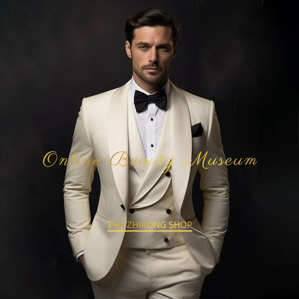 Elegant Ivory Tuxedo Suit for Men 3 Piece Set Jacket Vest Pants Classic Attire for Wedding Dating Host Prom Ball Party Dress