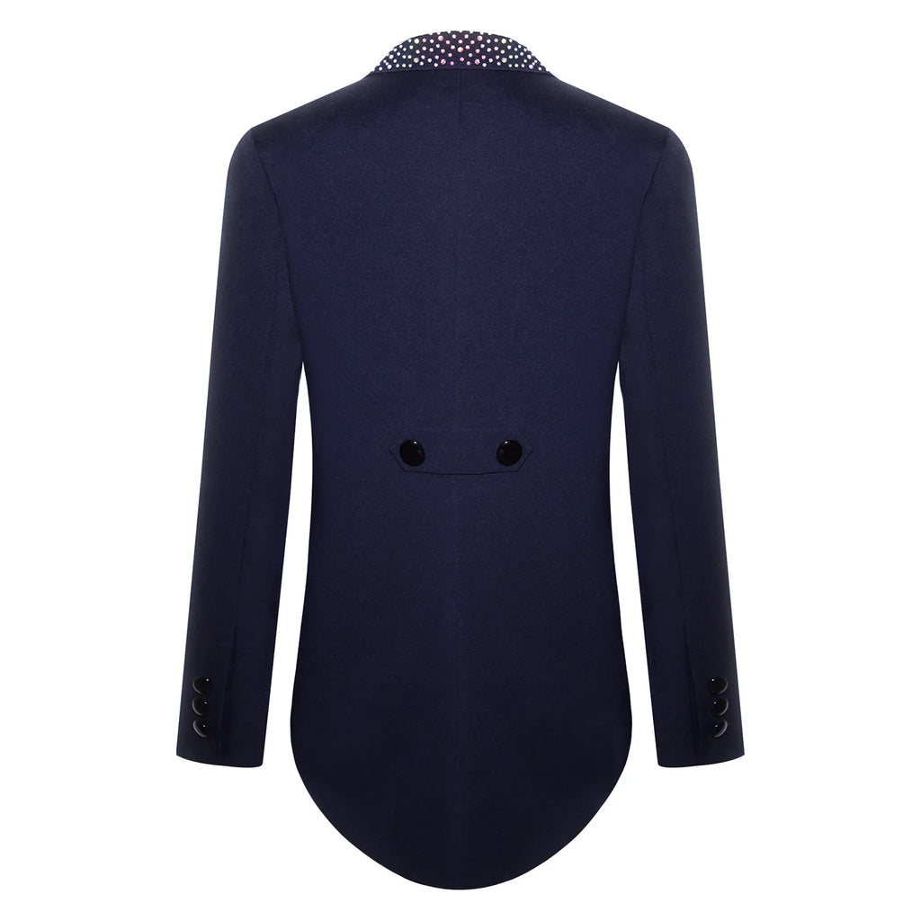 Elegant Boys Tuxedo Tailcoat Lapel Rhinestone Long Sleeve Open Front Blazer Outerwear Jacket Gentleman Formal Party Wedding Suit