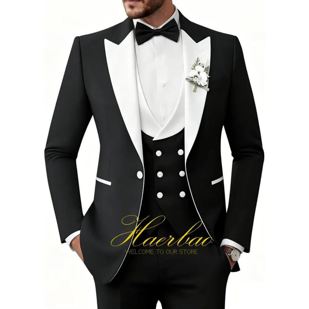 Wedding Tuxedo for Men 3 Piece Suits Slim Fit Double-Breasted Prom Men Tuxedos Satin Peaked Lapel Men's Suits