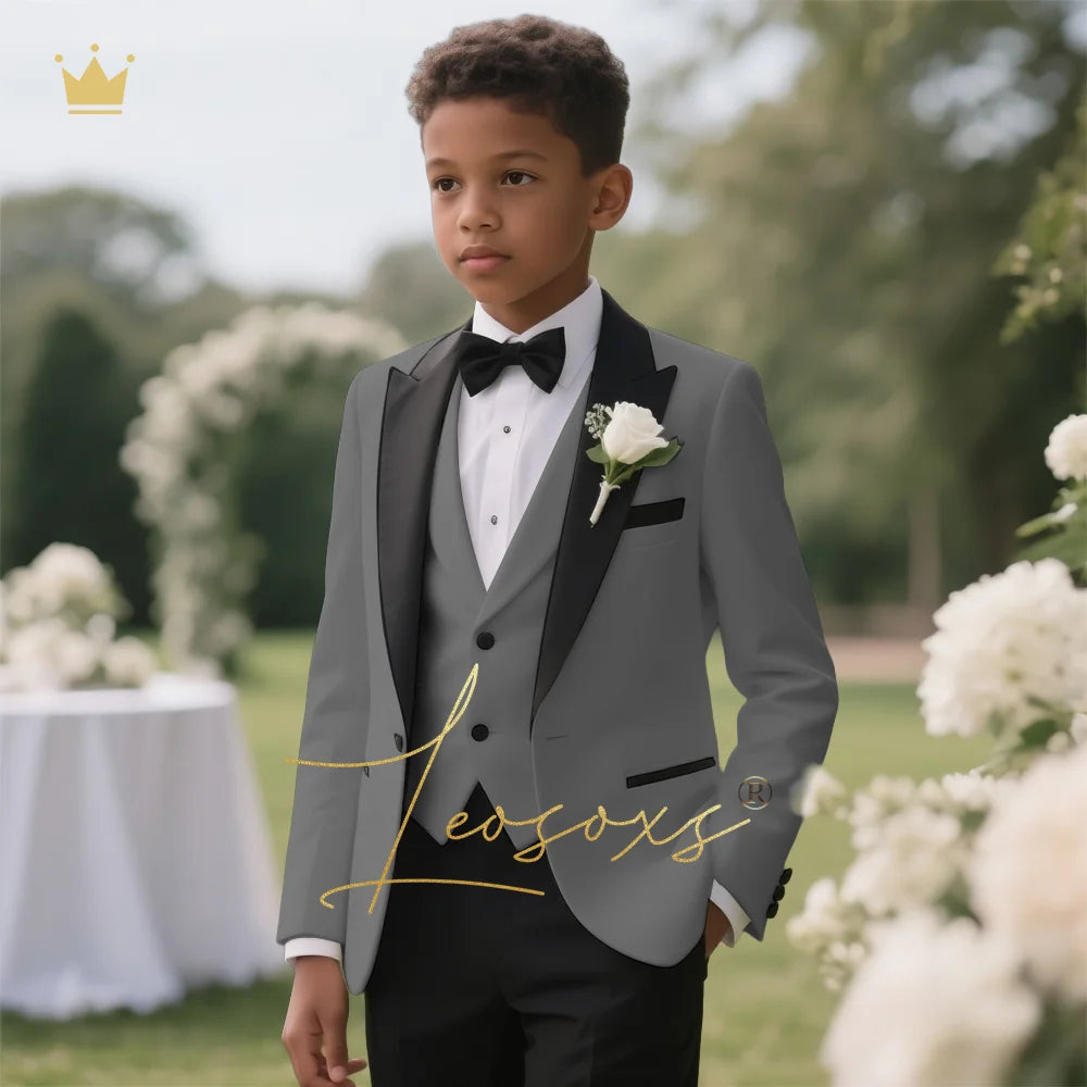 Boys' 3-Piece Tuxedo Suit Custom Tailored for Weddings - Elegant Design with Lapel and Vest, Perfect for Ceremony and Reception