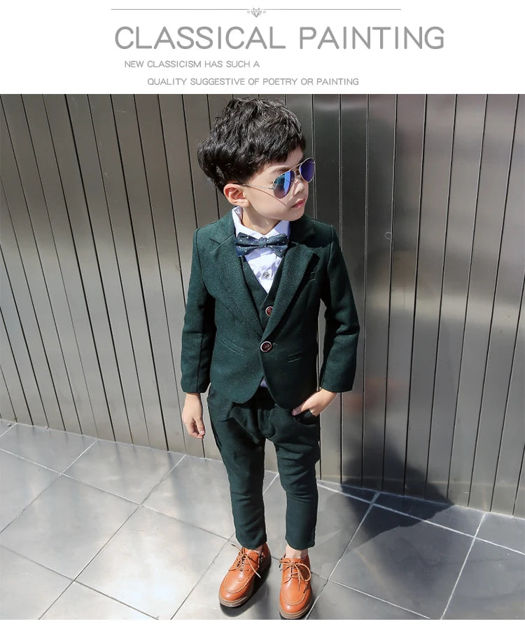 Boys Dark Green Formal Wedding Party Suit Children Blazer Vest Pants Tie 4 PCS Tuxedo Kids Performance Photography Dress Costume