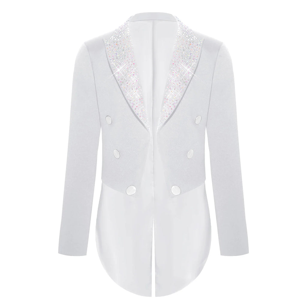 Elegant Boys Tuxedo Tailcoat Lapel Rhinestone Long Sleeve Open Front Blazer Outerwear Jacket Gentleman Formal Party Wedding Suit