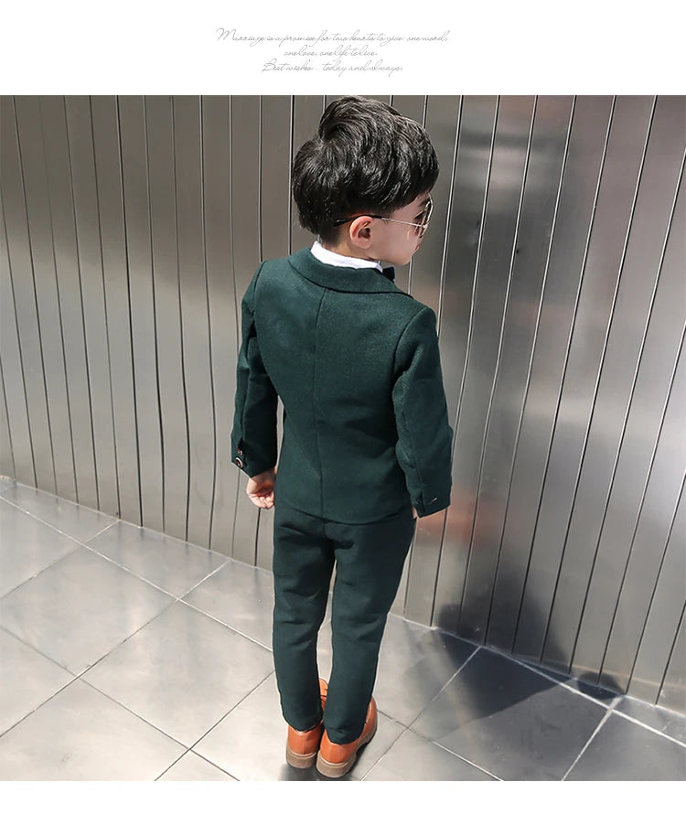 Boys Dark Green Formal Wedding Party Suit Children Blazer Vest Pants Tie 4 PCS Tuxedo Kids Performance Photography Dress Costume
