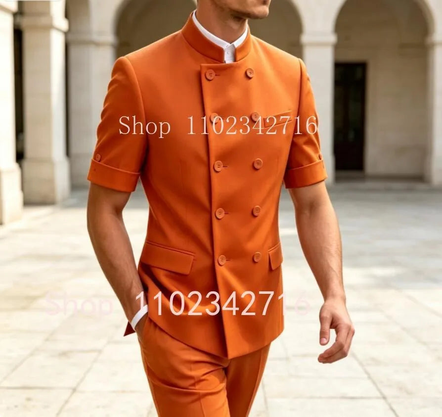 Latest Design 2 Pieces Tuxedo Wedding Suits for Men Short Sleeves Bespoke Groom Formal Fashion Male Suit Prom Party Blazer+Pants