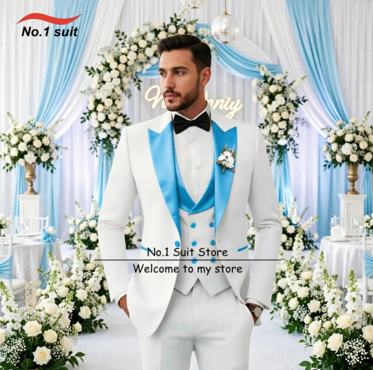 Wedding Tuxedo for Mens 3 Piece Suits Slim Fit Men Tuxedos Double-Breasted Prom Peaked Lapel Men Suits