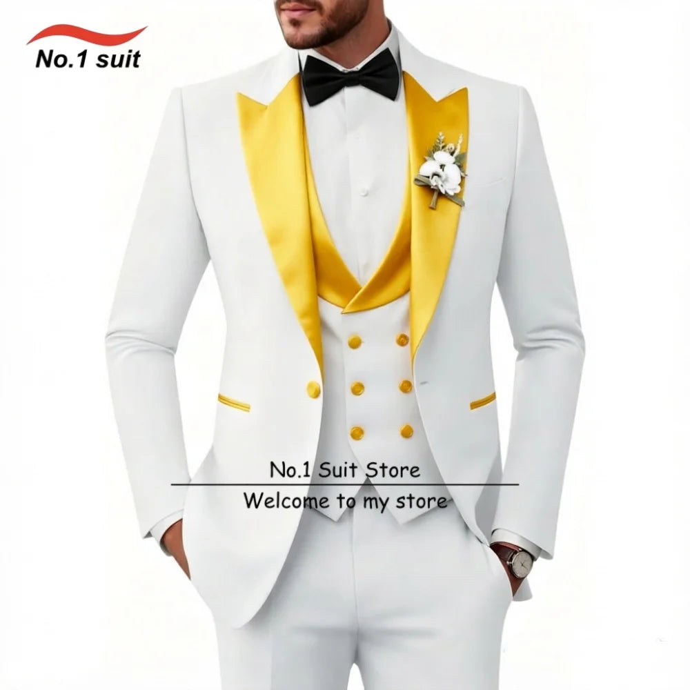 Wedding Tuxedo for Mens 3 Piece Suits Slim Fit Men Tuxedos Double-Breasted Prom Peaked Lapel Men Suits