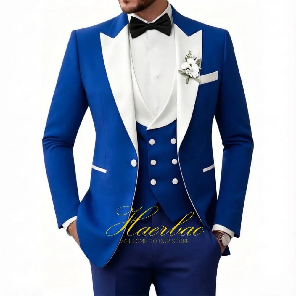 Wedding Tuxedo for Men 3 Piece Suits Slim Fit Double-Breasted Prom Men Tuxedos Satin Peaked Lapel Men's Suits