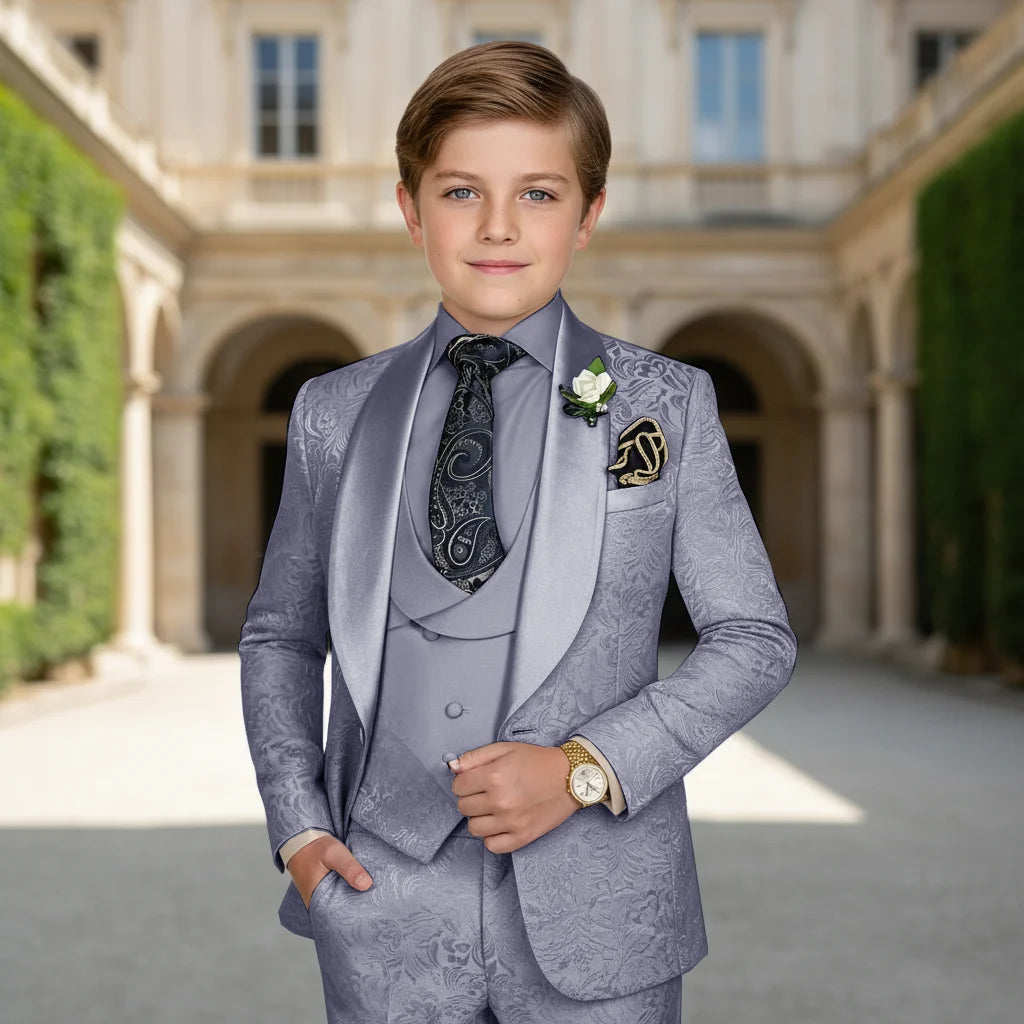 Elegant Boys Wedding Suits Italian Design Champagne Smoking Kids Tuxedo Jacket Vest Pants 3 Piece Party Prom Suits Set For Boy