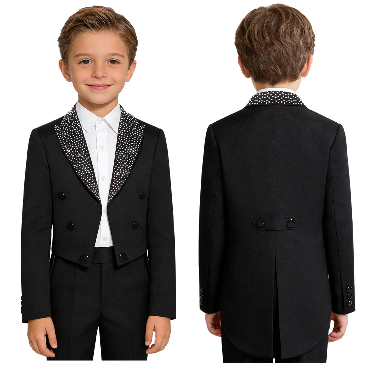 Elegant Boys Tuxedo Tailcoat Lapel Rhinestone Long Sleeve Open Front Blazer Outerwear Jacket Gentleman Formal Party Wedding Suit