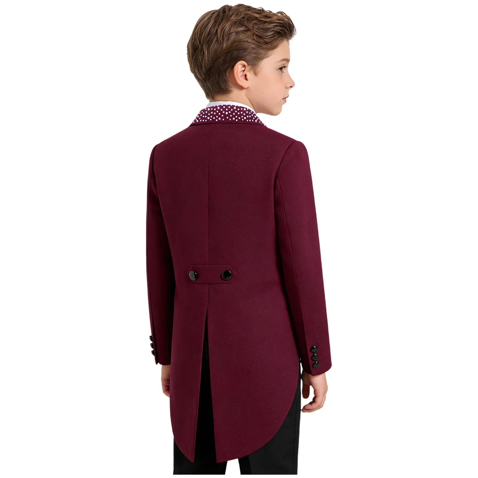 Elegant Boys Tuxedo Tailcoat Lapel Rhinestone Long Sleeve Open Front Blazer Outerwear Jacket Gentleman Formal Party Wedding Suit