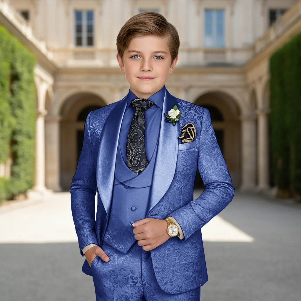 Elegant Boys Wedding Suits Italian Design Champagne Smoking Kids Tuxedo Jacket Vest Pants 3 Piece Party Prom Suits Set For Boy